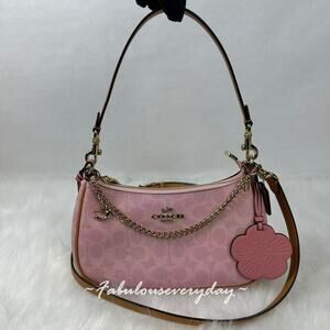 Coach Teri Shoulder Bag Signature Canvas With Charms Gold/Powder Pink CEA20 NWT